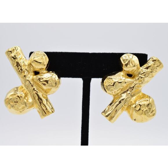 Givenchy Vintage Clip Earrings Brushed Gold Hammered Chunky Runway Signed BinW - Picture 1 of 9
